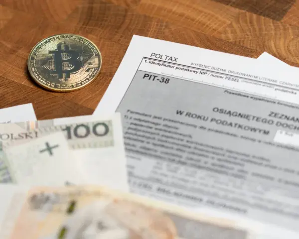 Złoty bitcoin obok formularza PIT-38 i polskich banknotów. Może to oznaczać niedopłatę podatku 3 zł.