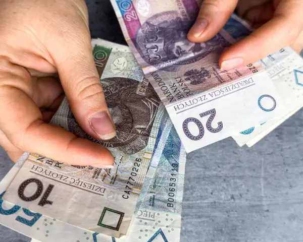Ręce trzymają polskie banknoty 10, 20 i 50 zł. Czy w Vivus można przedłużyć pożyczkę?