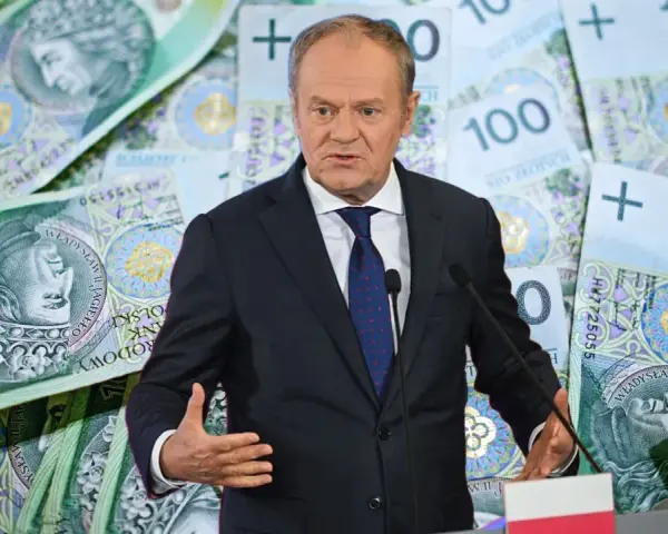 Donald Tusk na tle banknotów 100 zł. Obietnica 100 zł w 10 minut?