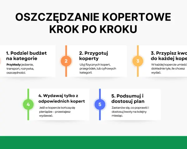 Oszczędzanie metodą kopertową krok po kroku: podziel budżet, przygotuj koperty, przypisz kwoty, wydawaj z odpowiednich kopert, podsumuj i dostosuj plan.