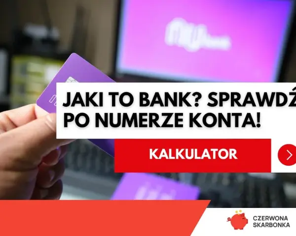 Dłoń trzyma fioletową kartę. Na ekranie komputera widnieje napis "Jaki to bank? Sprawdź po numerze konta!". W 2030 roku, gdy bankowość będzie jeszcze bardziej cyfrowa, taka wiedza będzie kluczowa.