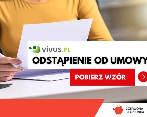 Kobieta z długopisem nad dokumentami. Na ekranie widnieje napis "vivus.pl odstąpienie od umowy" i przycisk "Pobierz wzór".