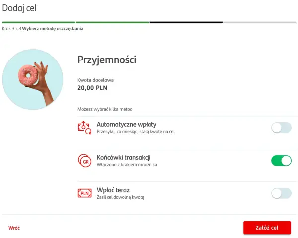 Wybierz automatyczne oszczędzanie Santander. Ustaw cel 20 zł, by łatwo odkładać pieniądze na przyjemności.