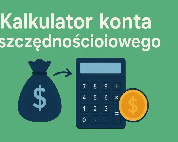 Kalkulator konta oszczędnościowego: worek pieniędzy, kalkulator i moneta. Dowiedz się, jak obliczyć zysk z konta oszczędnościowego.