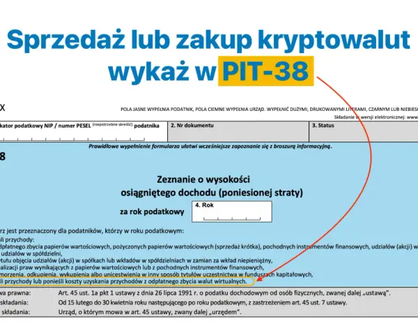 Formularz PIT-38 do rozliczenia sprzedaży lub zakupu kryptowalut.
