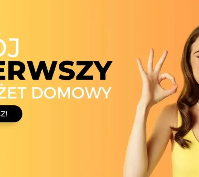 Uśmiechnięta kobieta pokazuje znak OK, obok napis "Mój pierwszy budżet domowy".