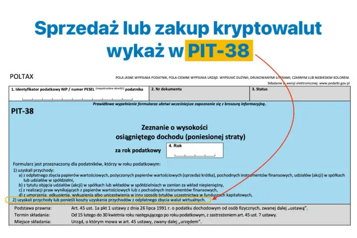 Formularz PIT-38 do rozliczenia sprzedaży lub zakupu kryptowalut.