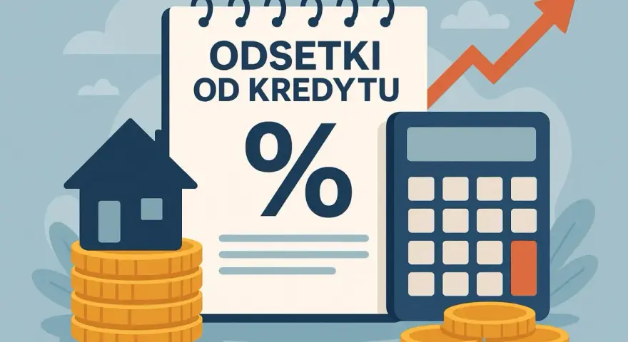 Ilustracja pokazuje jak obliczyć odsetki od pożyczki wzór: dom na monetach, kalkulator, wykres wzrostu i symbol procentu.