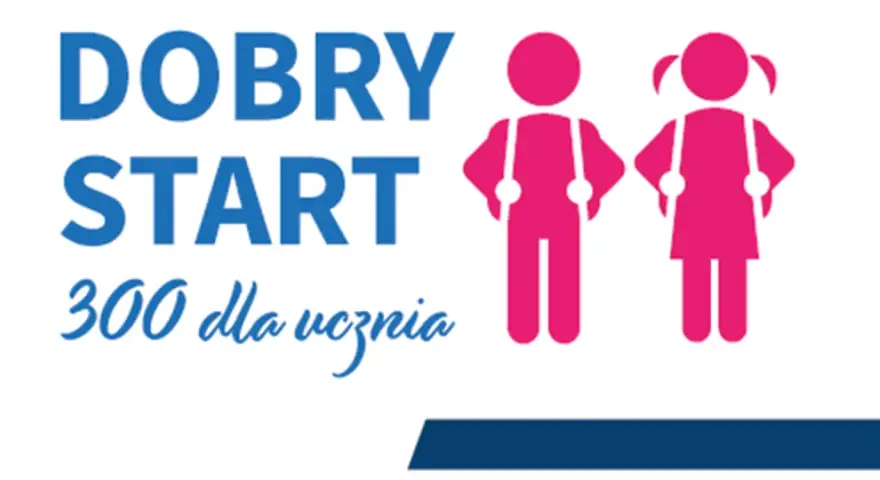 Dobry Start: 300+ dla ucznia. Dwoje dzieci w różowych strojach symbolizuje wsparcie dla każdego dziecka.