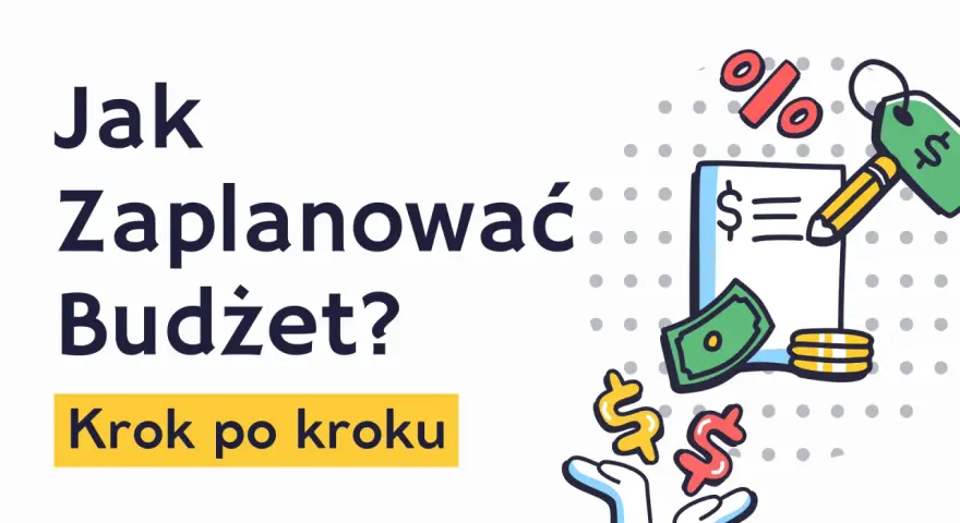 Jak zaplanować budżet domowy krok po kroku? Ilustracja pokazuje dokument z symbolem dolara, pieniądze, monety, procenty i ręce.