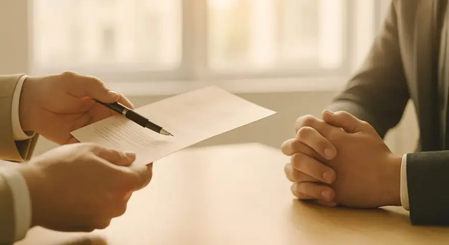 Dwie osoby przy stole, jedna podaje dokumenty, druga czeka na podpis. Rozmowa o pożyczce zagranicznej.