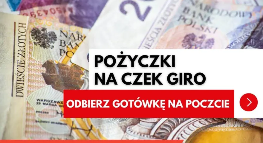 Pożyczki na czek giro Poczta Polska. Odbierz gotówkę na poczcie. Tło z banknotami 200 zł.