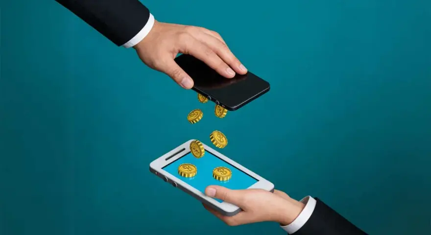 Przelew pieniędzy między telefonami. Złote monety spadają z jednego smartfona na drugi, symbolizując pismo o zwrot refinansowania.