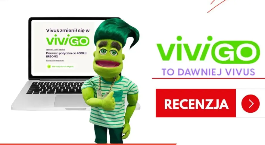 Zielona postać z lalki reklamuje Vivus, teraz Vivigo. Pierwsza pożyczka 4000 zł RRSO 0%. Sprawdź, jakie vivus odsetki oferuje.