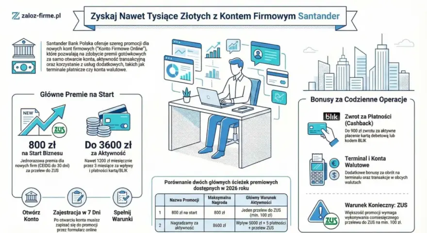 Promocja Santander: premia 800 zł za otwarcie konta firmowego i przelew do ZUS, do 3600 zł za aktywność. Konto debetowe z bonusem BLIK.