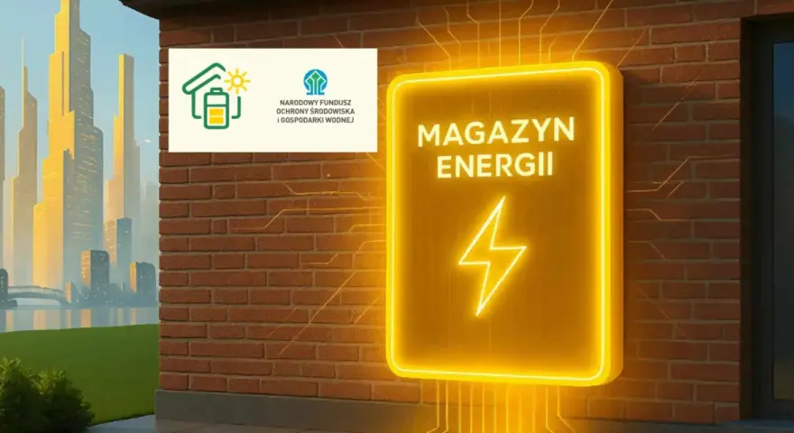 Neonowy znak "Magazyn Energii" obok logo NFOŚiGW, symbolizującego dofinansowanie OZE. W tle futurystyczne miasto.