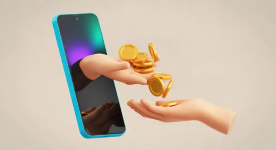 Ręka wychodząca z telefonu podaje monety do drugiej ręki. Zarabiaj oglądając reklamy za pieniądze.