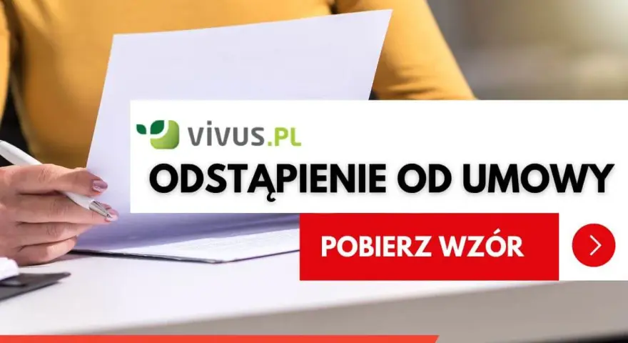 Kobieta z długopisem nad dokumentami. Na ekranie widnieje napis "vivus.pl odstąpienie od umowy" i przycisk "Pobierz wzór".