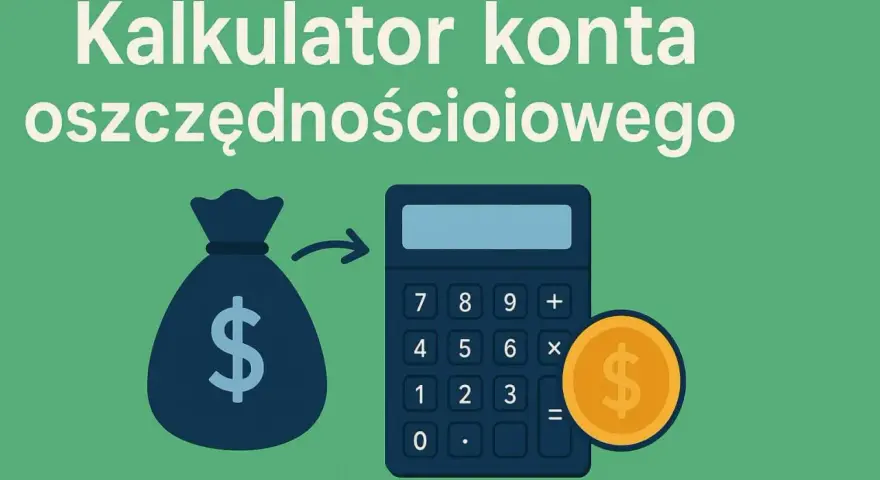 Kalkulator konta oszczędnościowego: worek pieniędzy, kalkulator i moneta. Dowiedz się, jak obliczyć zysk z konta oszczędnościowego.