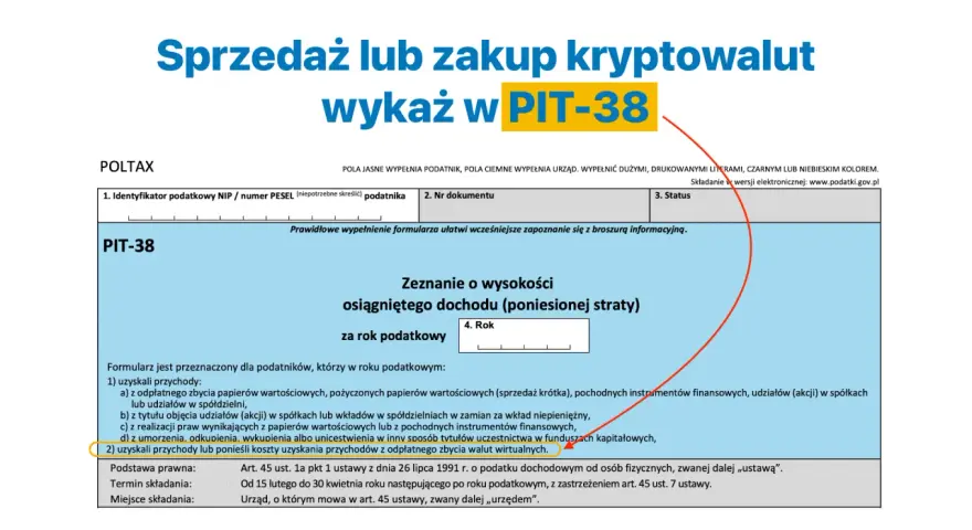 Formularz PIT-38 do rozliczenia sprzedaży lub zakupu kryptowalut.