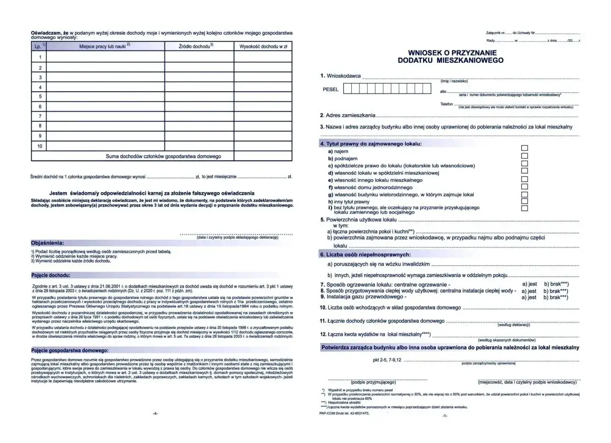 Wniosek o dofinansowanie do wynajmu mieszkania dla samotnej matki. Formularz zawiera dane wnioskodawcy, adres, tytuł prawny do lokalu, dochody i wydatki.