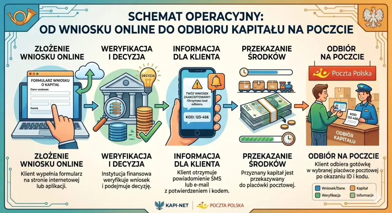 Schemat: wniosek online, weryfikacja, informacja z kodem, przekazanie środk&oacute;w i odbi&oacute;r got&oacute;wki na poczcie. To proces pożyczki na czek giro.