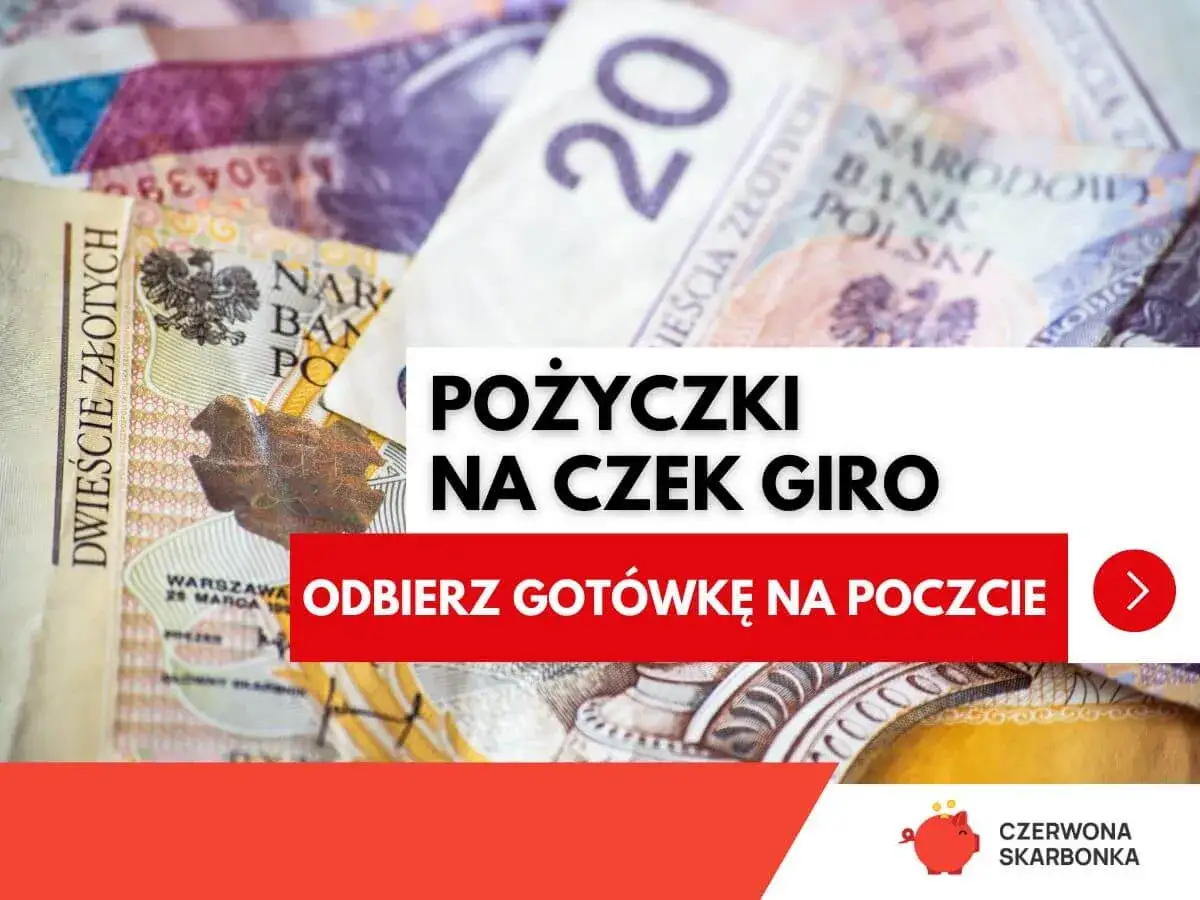 Pożyczki na czek giro Poczta Polska. Odbierz got&oacute;wkę na poczcie. Polskie banknoty w tle.