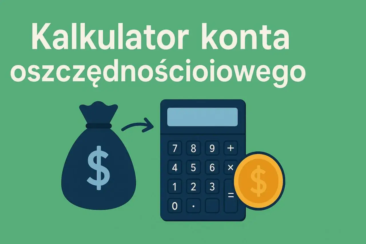 Kalkulator konta oszczędnościowego: worek pieniędzy i moneta obok kalkulatora pomogą Ci dowiedzieć się, jak obliczyć zysk z konta oszczędnościowego.