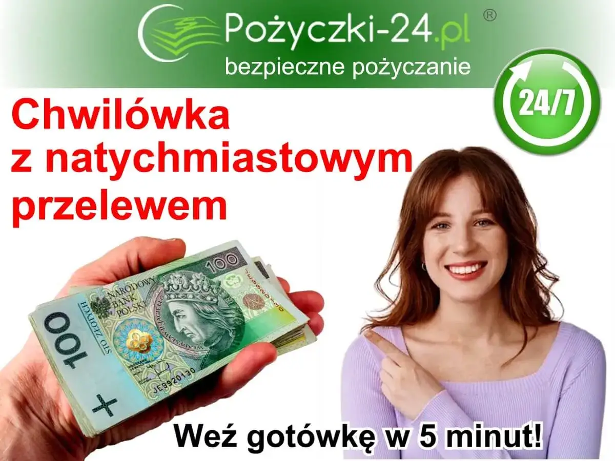 Chwilówka z natychmiastowym przelewem. Uśmiechnięta kobieta wskazuje na stos banknotów 100 zł. Szybka i bezpieczna chwilówka.