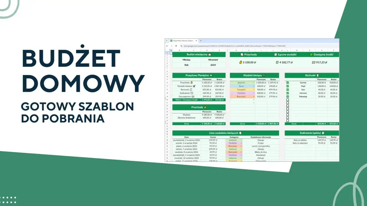 Gotowy szablon do pobrania: budżet domowy. Arkusz kalkulacyjny pokazuje wydatki, przychody i oszczędności.