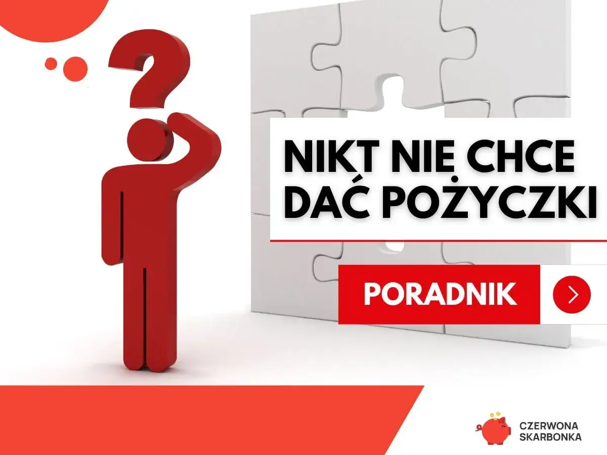 Czerwona postać z pytajnikiem nad głową symbolizuje trudności w uzyskaniu finansowania. Napis