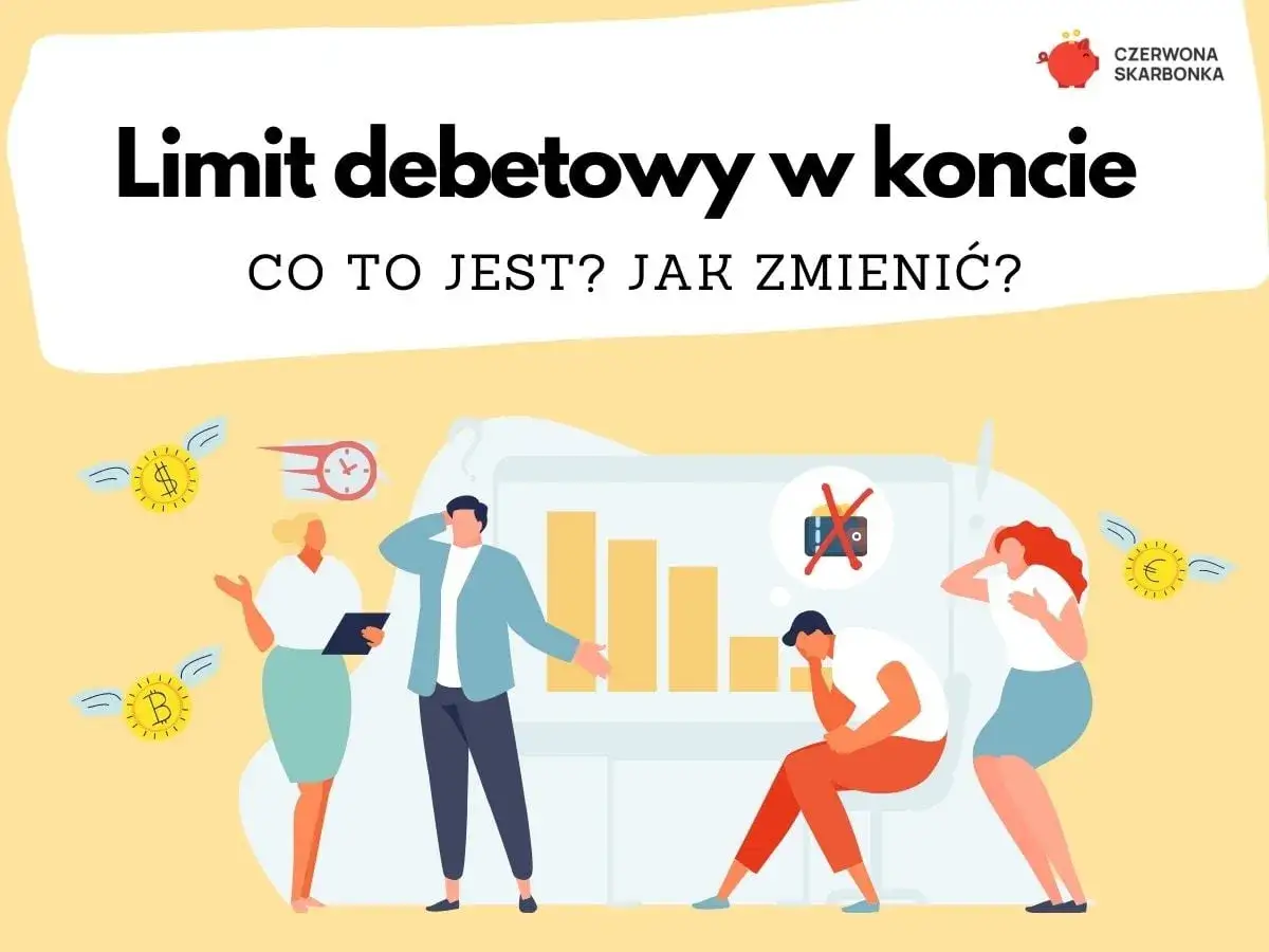 Ludzie zmartwieni, bo mają limit w koncie. Latające monety symbolizują pieniądze, a zegar czas.