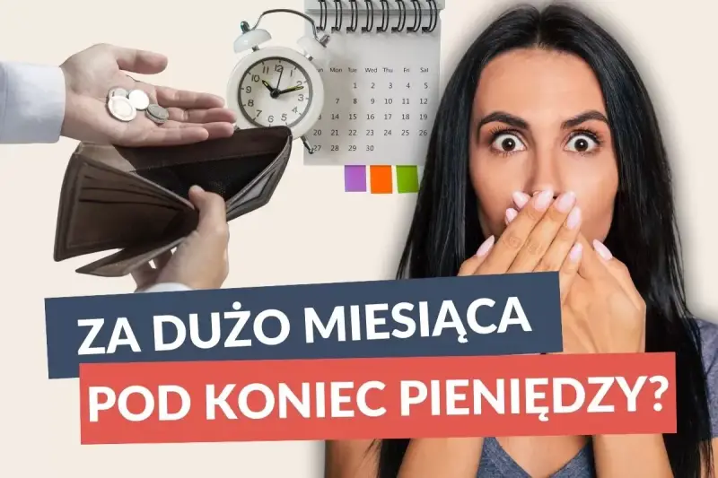 Zaskoczona kobieta z pustym portfelem i zegarem. Czy Twój budżet gospodarstwa domowego nie wystarcza do końca miesiąca?